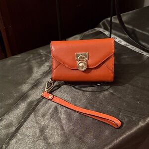 Michael Kors Orange Leather Wristlet wallet with Gold-Tone MK Lock fits 3Gs 4 4s